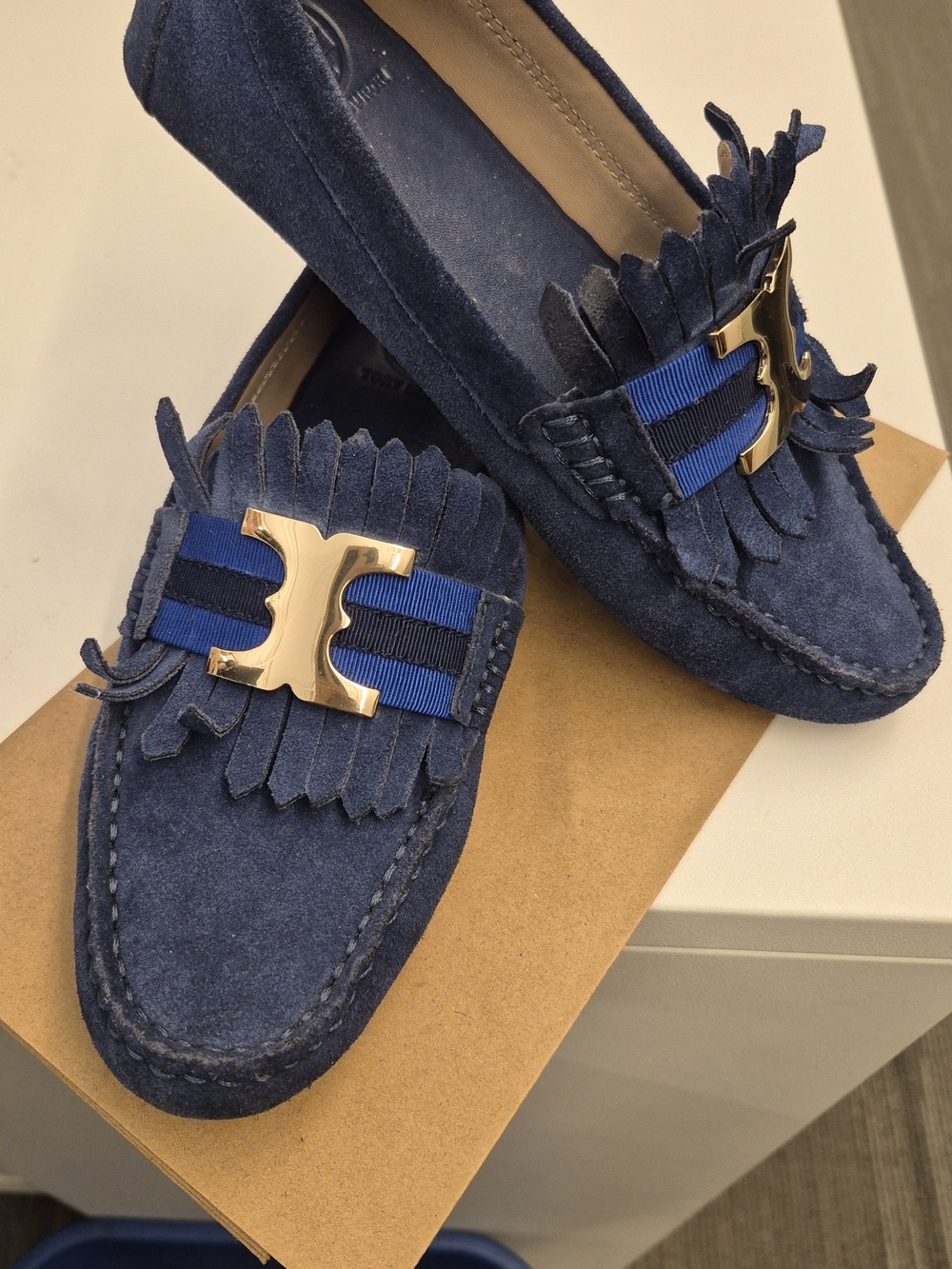 Tory Burch Navy Suede Fringe Loafers with Gold Hardware - Picture 2 of 4